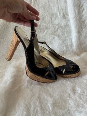 Stuart Weitzman Black Patent Cork Platform Slingback Pumps